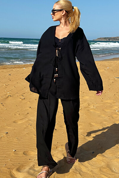 Trend Alaçatı Stili Női fekete fűzős kimonó dzseki és Palazzo nadrág szett ALC-X12452