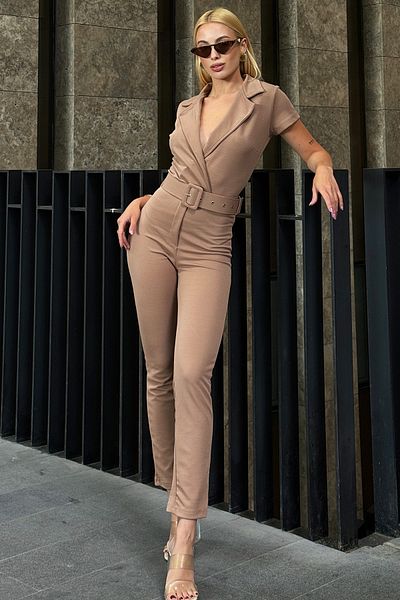 Trend Alaçatı Stili Zweireihiger Damen-Overall mit bedecktem Kragen und Gürtel - ALC-X12298