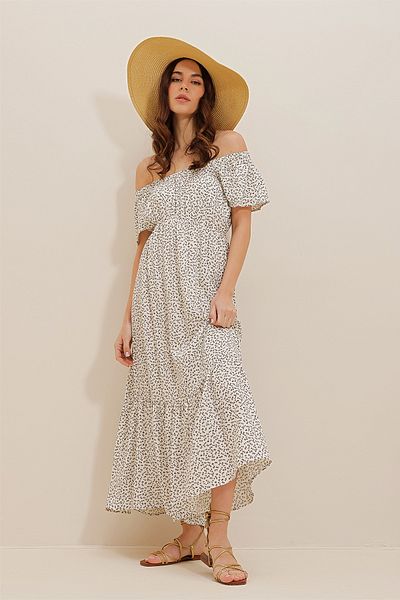 Trend Alaçatı Stili Μπεζ φόρεμα από βισκόζη γιακά Madonna - Φούστα Flounce, Floral Pattern ALC-D230019