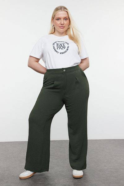 Trendyol Curve Green Elastic High Waist Pleated Wide Leg Woven Pants Tbbss22Pl0448