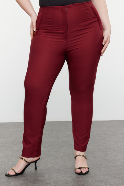 Trendyol Curve Plus Size Burgundy Cigarette Pants - Fleto Pocket, Woven Fabric TBBAW23AR00015