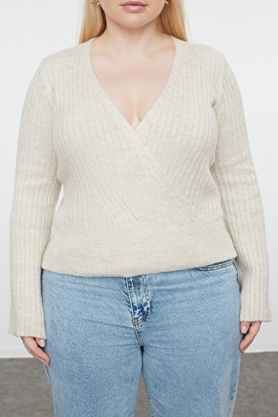 Trendyol Curve Corded Beige Crop Knitwear Sweater - Double Breasted Collar TBBAW25AN00025