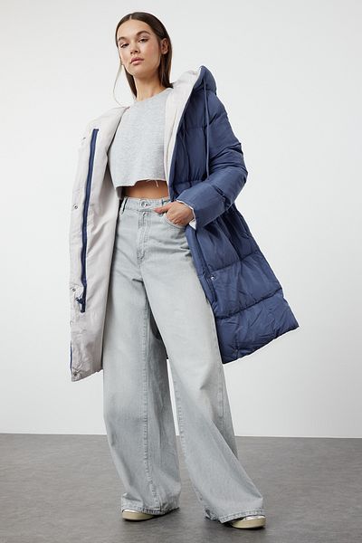Trendyol Collection Oboustranný šedomodrý dlouhý kabát s kapucí – vodoodpudivý Twoaw23Mo00052