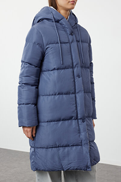 Trendyol Collection Oboustranný šedomodrý dlouhý kabát s kapucí – vodoodpudivý Twoaw23Mo00052