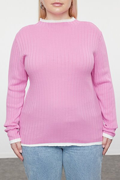 Trendyol Curve Rózsaszín bordás gallér csíkos részletes kötöttáru pulóver TBBAW24AN00029
