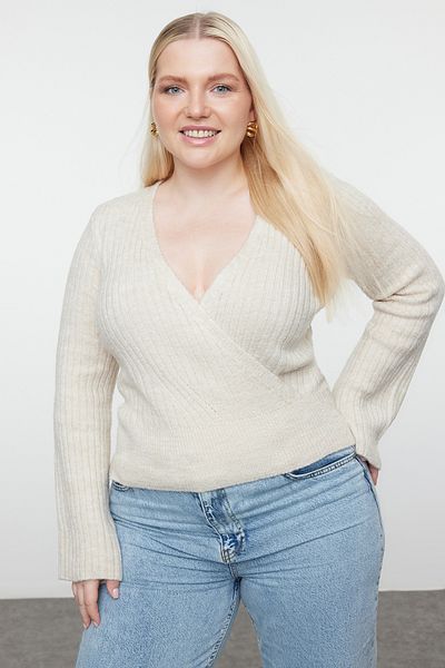 Trendyol Curve Corded Beige Crop Knitwear Sweater - Double Breasted Collar TBBAW25AN00025