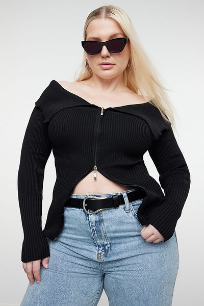 Trendyol Curve Wide Collar Black Knitwear Cardigan - Zippered TBBAW25AV00002