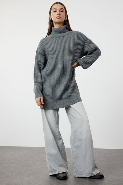 Trendyol Modest Šňůrový antracitový pletený svetr - základní model TCTAW25AK00009