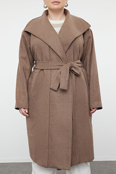 Trendyol Curve Széles gallérú nercbélyegző kabát - öves, laza szabású TBBAW23KB00001