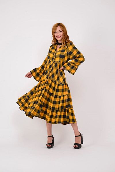 Park Moda Pm108 Rochie în carouri cu detaliu volantă