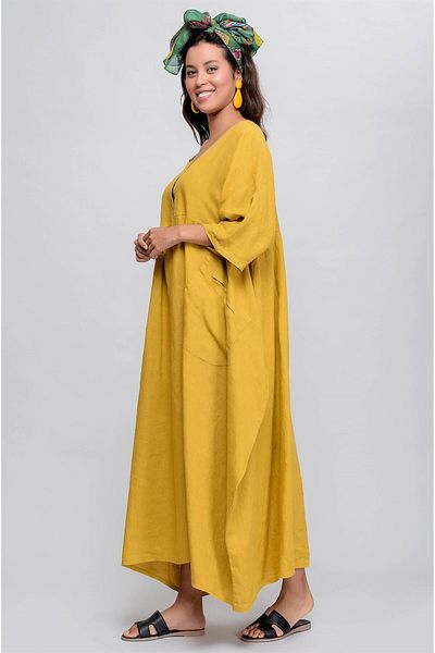 Park Moda 10964 Rochie lungă de in cu trei nasturi