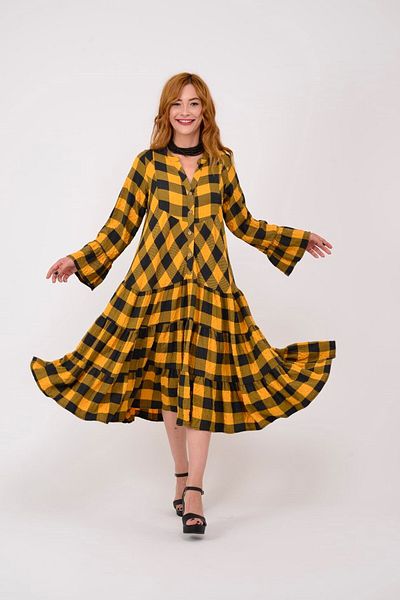 Park Moda Pm108 Rochie în carouri cu detaliu volantă