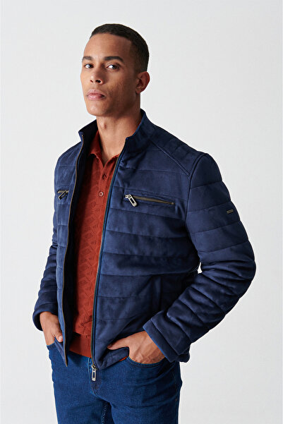 Avva Erkek Lacivert Dik Yaka Yandan Cepli Kapitone Süet Mont A12y6048