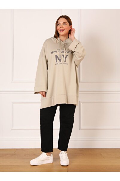 ALİA Oversize Hooded Sweatshirt - Stone Color, Print Detail, Large Size - Alia