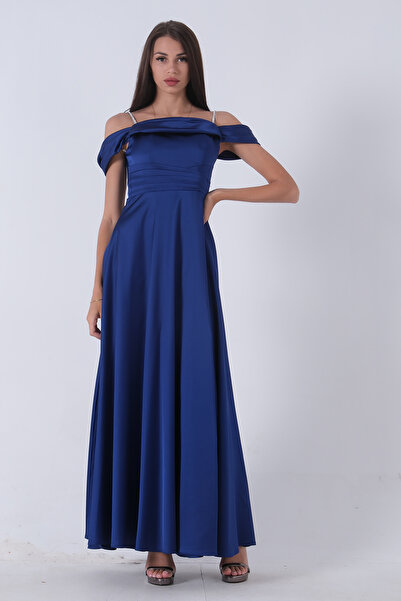 Feminist Taş Askılı Düşük Kol Saten Abiye Saks 0806118