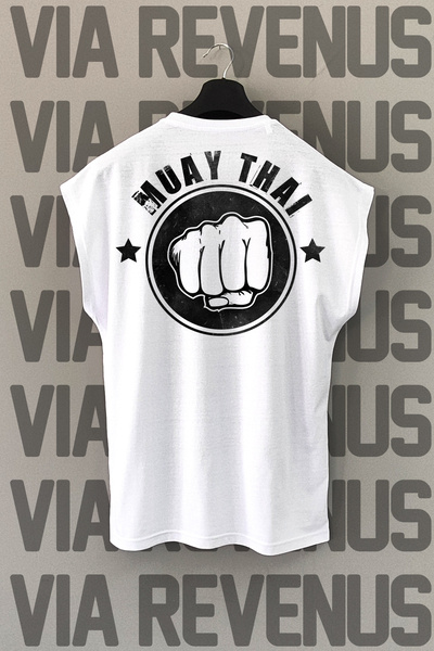 Vordevia Tricou sport alb Muay Thai - imprimat pe spate, mâneci zero