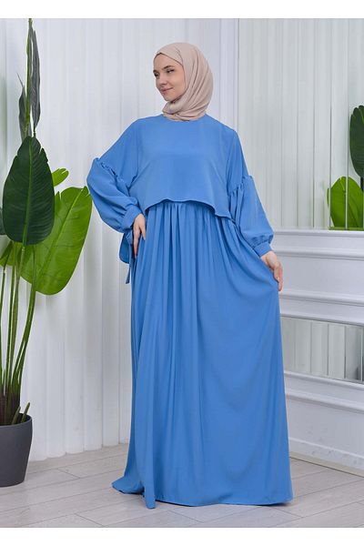 Modamix Sleeved lace-up Plain Hijab Dress 831