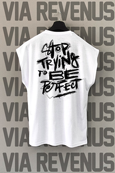 Vordevia Tricou sport alb Perfect Stop Trying - imprimat pe spate, mâneci zero