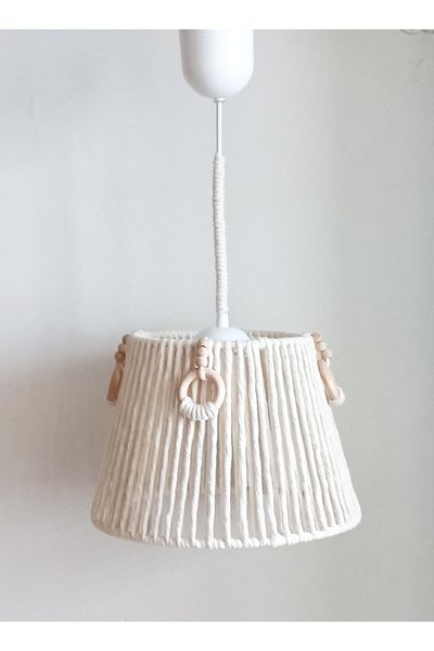 C&A&B KUZEY AVİZE Ecru Macrame Rope Wrap Ring Wooden Bead Design Baby-child-teen Room Pendant Lamp Chandelier