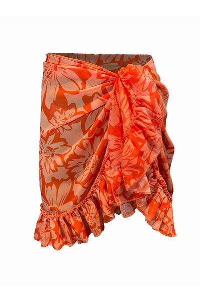 Bolder Kurzer Rüschen-Pareo „Frida“ mit orangefarbenem Muster