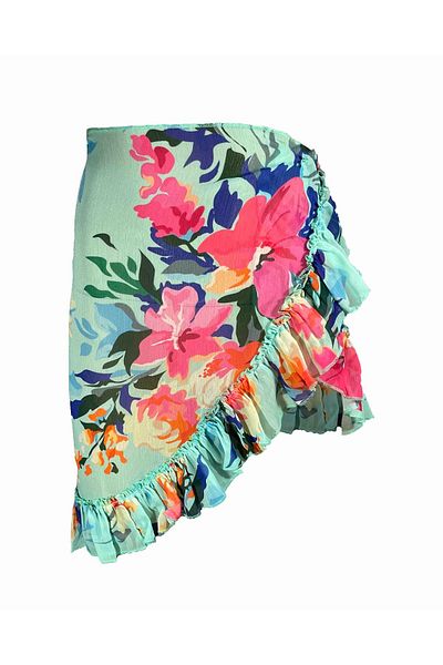 Bolder Frida Turquoise Flower Pattern Short Ruffle Pareo