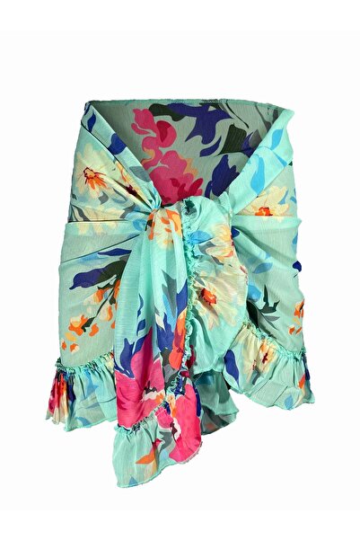 Bolder Frida Turquoise Flower Pattern Short Ruffle Pareo