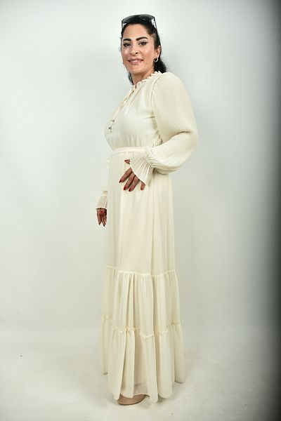moda caddesi Pleated Sleeve and Mobile Belt Lined Chiffon Hijab Dress