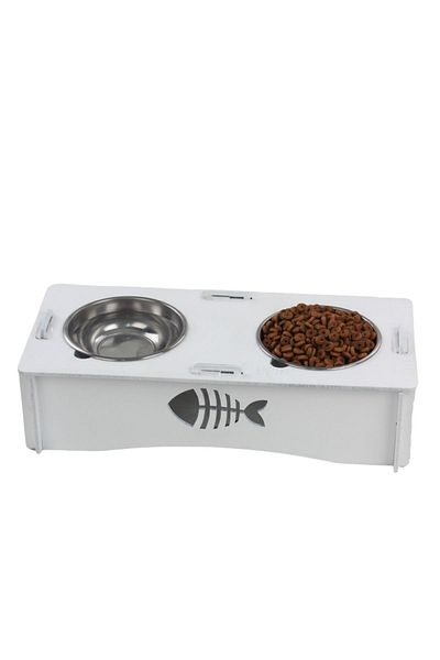 Evene Food Water Bowl Stainless Steel Rhinestone 2-Piece Wooden Cat and Dog Water Bowl with Fish Model