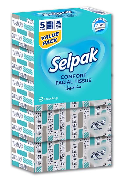 Selpak Comfort Boxed Facial Tissue 150 Sheets 2 Ply, Pack Of 5