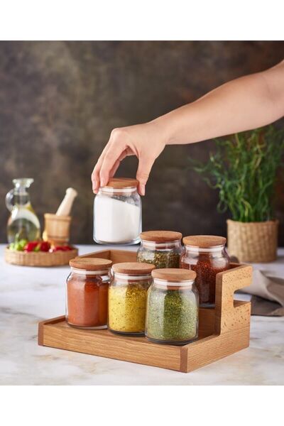 woodsy طقم توابل مكون من 6 قطع مع رف توابل بغطاء خشبي