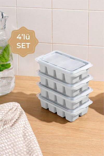 Vienev White 4-Piece Ice Mold - Clear Cover, 8 Compartments