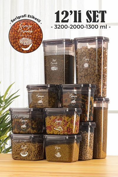 Vienev Set of 12 Rectangular Storage Containers with Screen Printing Labels - 4X(3.2 2 1.3 Liter)
