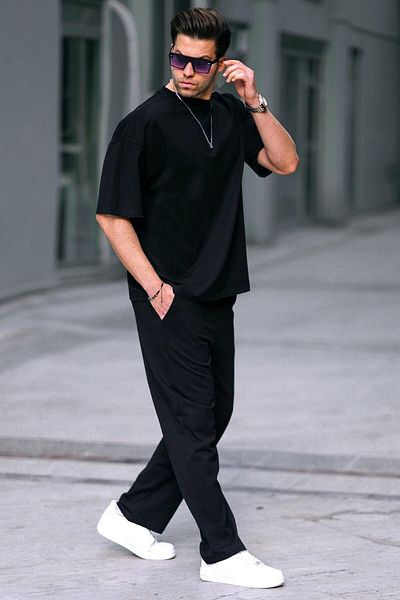 BayBayan Ανδρικό σετ καλοκαιρινής φόρμας με κοντό μανίκι με μαύρο λαιμόκοψη