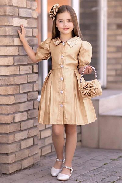 Riccotarz Shiny Satin Dress - Neck Button Detail and Jewelled Collar