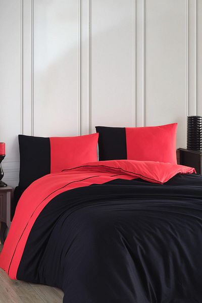 Altınbaşak Red Black Single Thor Ranforce Duvet Cover Set - Plain Design with Piping
