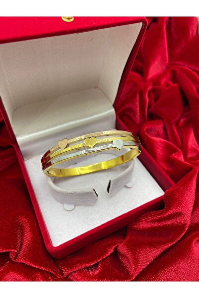 Çelik Kelepçe Abiye Bileklik Kalpli Gold Rose Silver