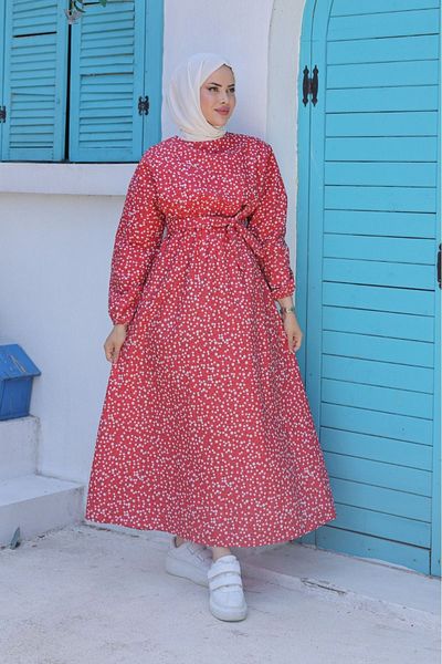 BBS Rochie Hijab de In - Motiv Floral Roșu, 130 Cm