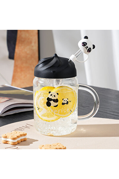 Livava Panda Glass Mug with Straw, 12X7.5
