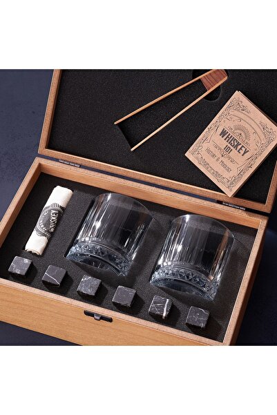 Hediyesepeti 30-Year-Old Designed Wooden Boxed 2-Piece Glasgow Whiskey Glass Set + 6 Cooler Stones