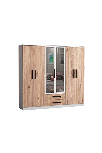 Eco Room Deniz 6 Kapaklı 2 Çekmeceli Aynalı Gardırop - Atlantik Çam / Beyaz - 180x48x180 cm