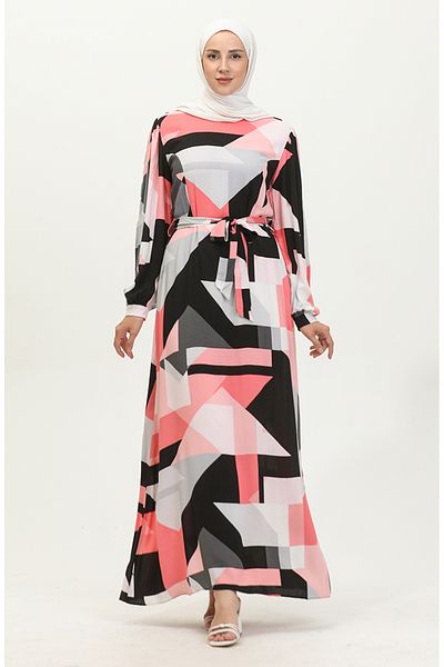 sefamerve 60415-01 Model Pink Black Viscose Dress - Patterned and Belted