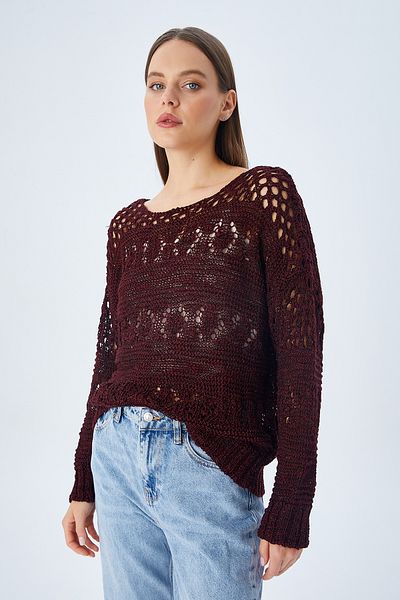 Mixray 6859 Pulover de damă, burgundă, cu decolteu barcă, ajurat, sezonier