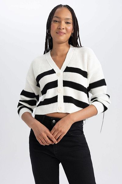 DeFacto Regular Fit V-Neck Striped Buttoned Knitwear Cardigan Z8539Az23Wn