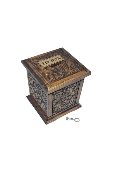 hiçdurmaal Oyma Desenli Ahşap Dikey Tip Box Bahşiş Kutusu 1 Adet