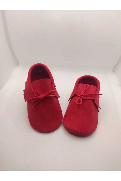 MİNİBİRİ Red Suede Leather Baby Moccasin Booties Baby Shoes