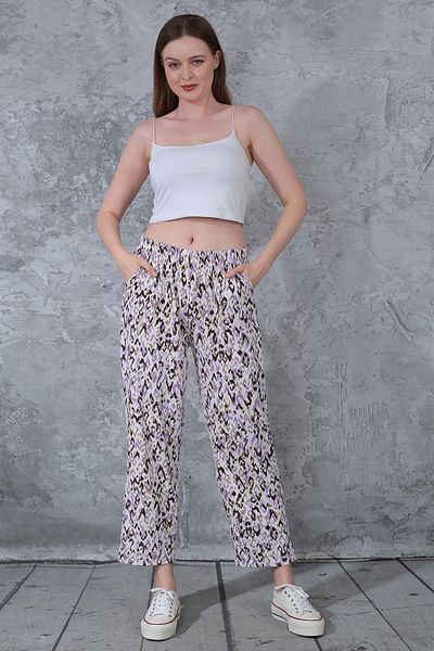 Fiftyone Wear White Viscose Summer Trousers - Regular Leg, Rubber Waist, Mixed Pattern and Pocket