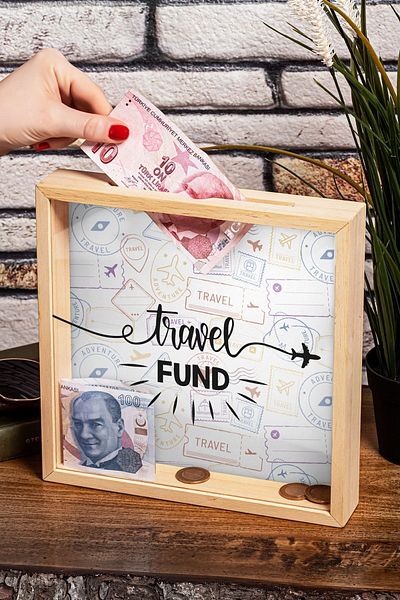 Hediyesepeti Wooden Piggy Bank Box - With Travel Fund Design