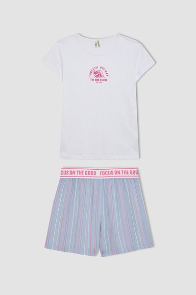 DeFacto Bedrucktes Kurzarm-Pyjama-Set für Mädchen mit Shorts C8501A824SM