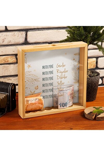 Hediyesepeti Mutlu Yeni Bir Yıl Tasarımlı Ahşap Kumbara