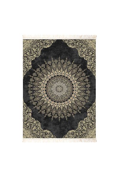 In House Soft Velvet Turkish Rectangular Door & Bath Mat -Gold & Black - 60x40 cm